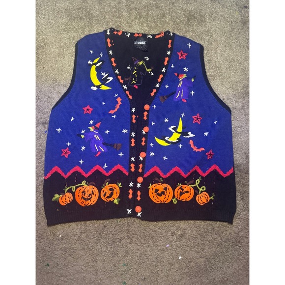 VTG Designers Originals Studio Halloween Witches Pumpkins Knit Sweater Vest XL - Picture 2 of 4
